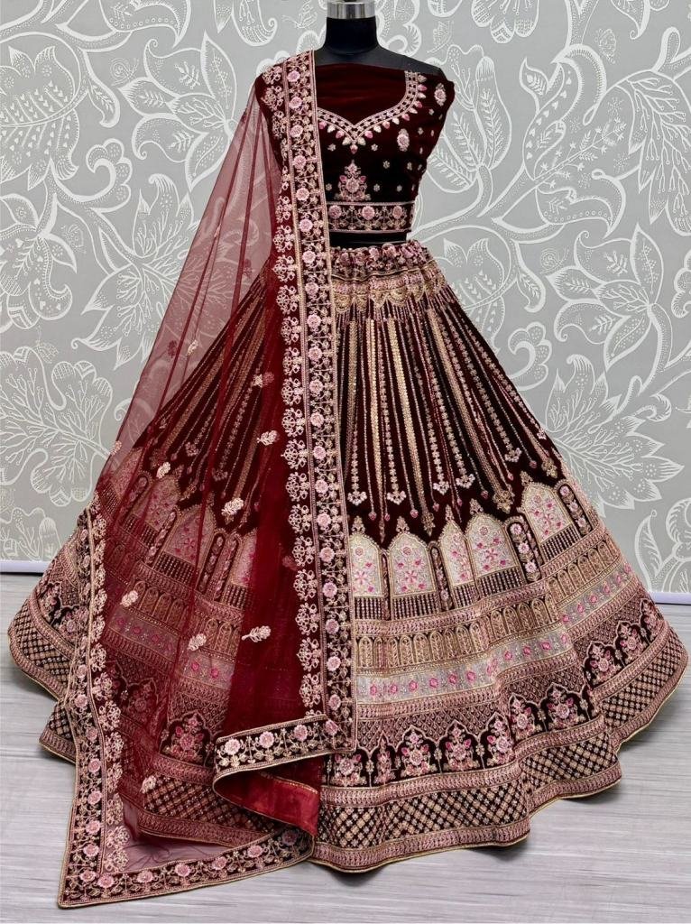 maroon celebrity bridal velvet 1728359624 Maroon Celebrity Bridal Velvet Lehenga Choli