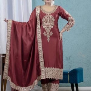 Maroon Chinon Silk Embroidered Suit with Dupatta