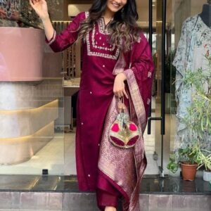 Maroon Designer Heavy Cording Work Silk Kurtis Three Piece Kurtis
