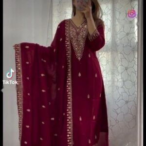 Maroon Designer Pure Chinon Silk Top And Pant Set With Dupatta