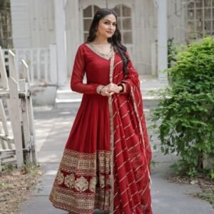 Maroon Embroidered Sequins Work Gown With Dupatta