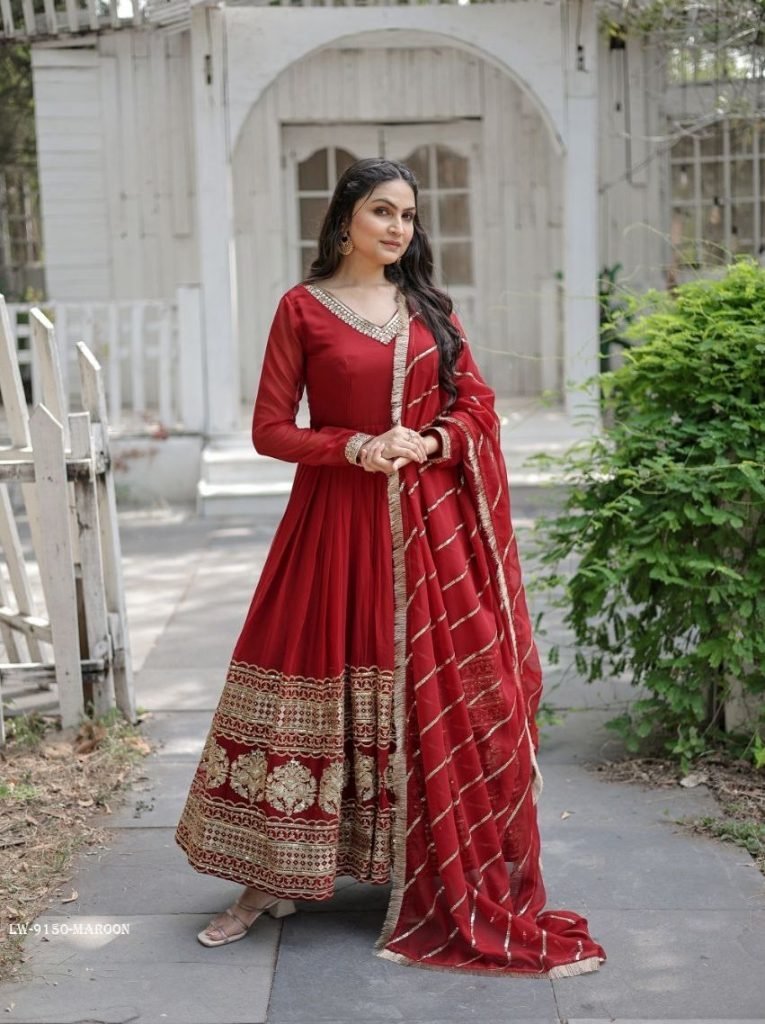 maroon embroidered sequins wor 1714823238 Maroon Embroidered Sequins Work Gown With Dupatta