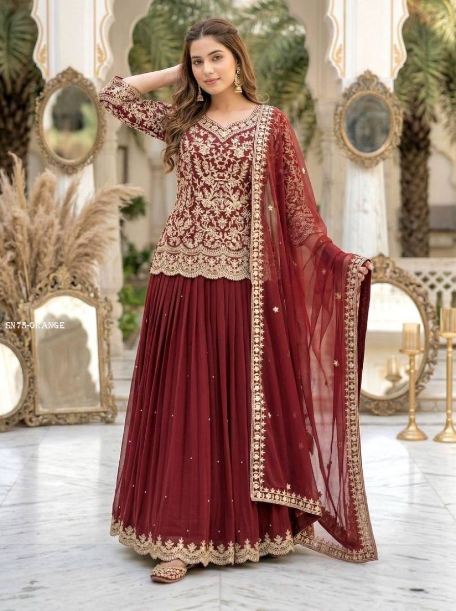 maroon faux georgette lehenga 1775639776 Maroon Faux Georgette Lehenga Set with Heavy Sequence Work And Dupatta
