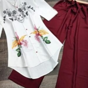 Maroon Full Stitch Printed Cotton Top With Plazo