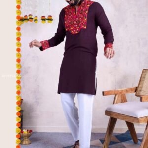 Maroon Mirror Embroidery Edition Kurta For Men