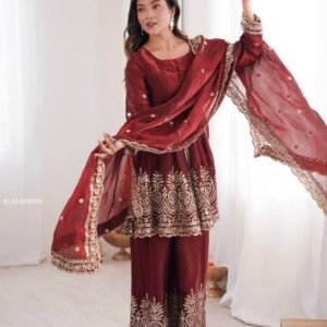 Maroon Palazzo Suit Set With Embroidered Dupatta