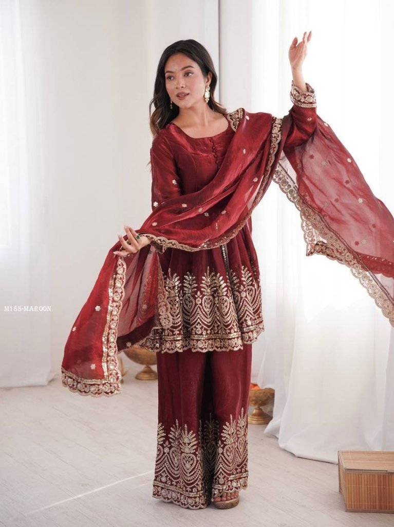 maroon palazzo suit set with e 1767863263 Maroon Palazzo Suit Set With Embroidered Dupatta