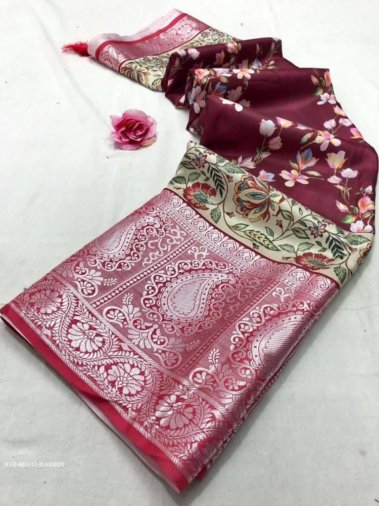 maroon printed pure soft tussa 1715076990 Maroon Printed Pure Soft Tussar Satin Silk Saree With Tassels