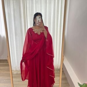 Red Rangoli Georgette Gown With Beautiful Neck Work