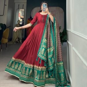 Maroon Readymade Foil Printed Tussar Silk Gown With Dupatta