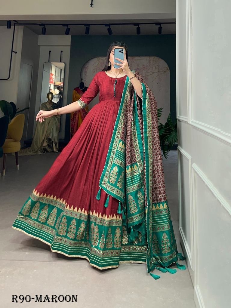 maroon readymade foil printed 1719481854 Maroon Readymade Foil Printed Tussar Silk Gown With Dupatta