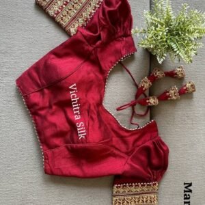 Maroon Readymade Vichitra Silk Blouse With Puff And Gota Less