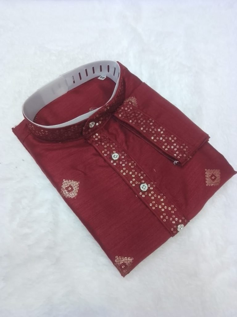 maroon silk kurta and pyjama w 1727167807 Maroon Silk Kurta And Pyjama With Sequence Embroidery Work