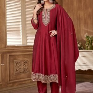 Maroon Vichitra Silk Embroidered Anarkali Suit Set