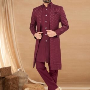 Maroon Wedding Wear Indo Western Set With Mirror Thread Sequence Work