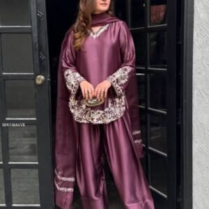 Mauve Silk Embroidered Kurti With Farsi Pant Set with Dupatta