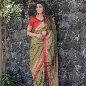 Mehendi Beautiful Wedding Foil Printed Dola Silk Saree With One Meter Blouse