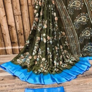 Mehendi Color Beautiful Chiffon Jari Sarees with Flower Print