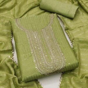 Mehendi Designer Chanderi Unstitched Suits With Crosset Work