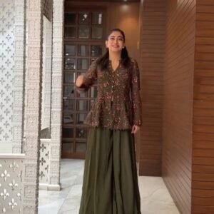 Mehendi faux Georgette Western Koti With Palazo