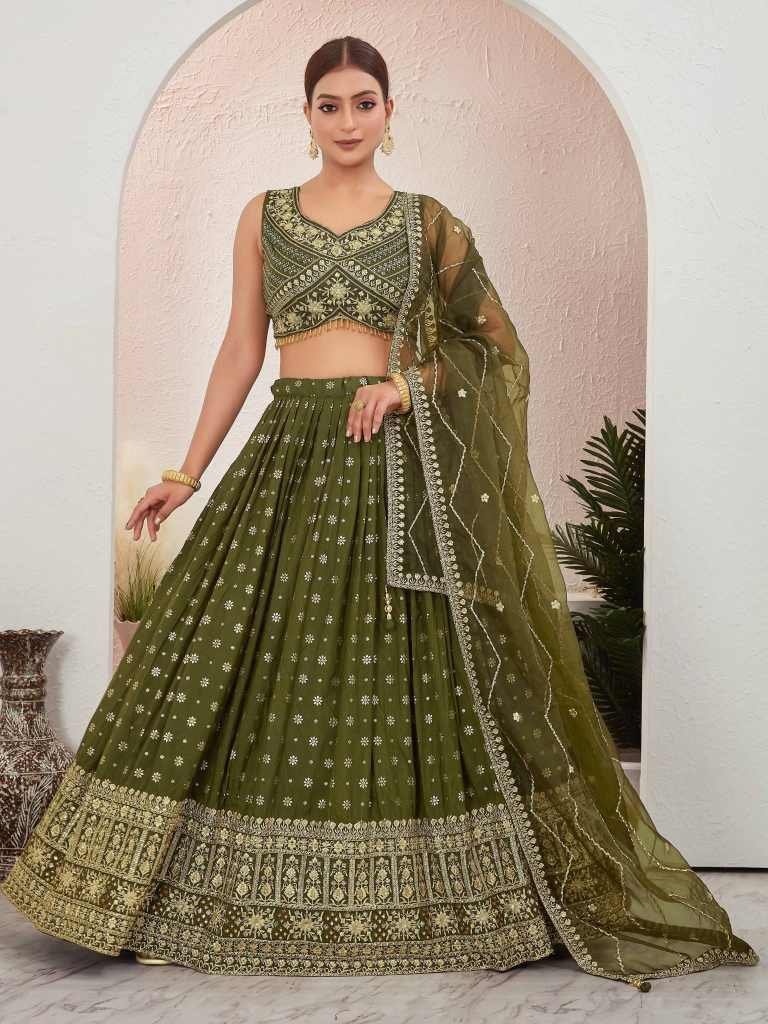mehendi green jacquard dola si 1714650752 Mehendi Green Jacquard Dola Silk Lehenga Choli Set