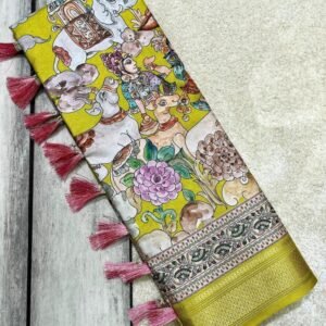Mehendi Prim Design Madhuban Printed Silk Saree With Zari Weaving