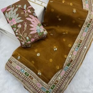 Mehendi Pure Organza Silk Embroidery Work Saree