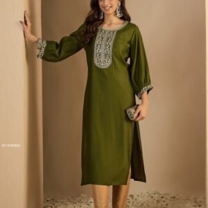 Mehndi Green Viscose Rayon Straight Sequence And Embroidered Kurtis