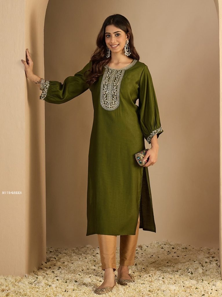 mehndi green viscose rayon str 1766224786 Mehndi Green Viscose Rayon Straight Sequence And Embroidered Kurtis