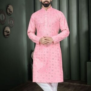 Men Baby Pink Mirror Work Cotton Kurta Pajama Set