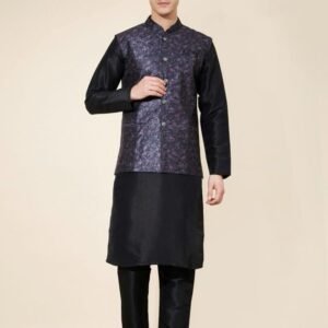 Men Black Party Wear Plain Pure Silk Kurta With Designer Koti