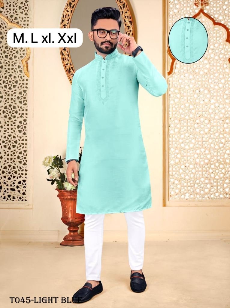 men embroidery work light blue 1718108889 Embroidery Work Light Blue Kurta With Pyjama Set