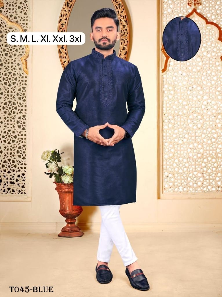men embroidery work malbari bl 1718108094 Men Embroidery Work Malbari Blue Kurta With Pajama Set