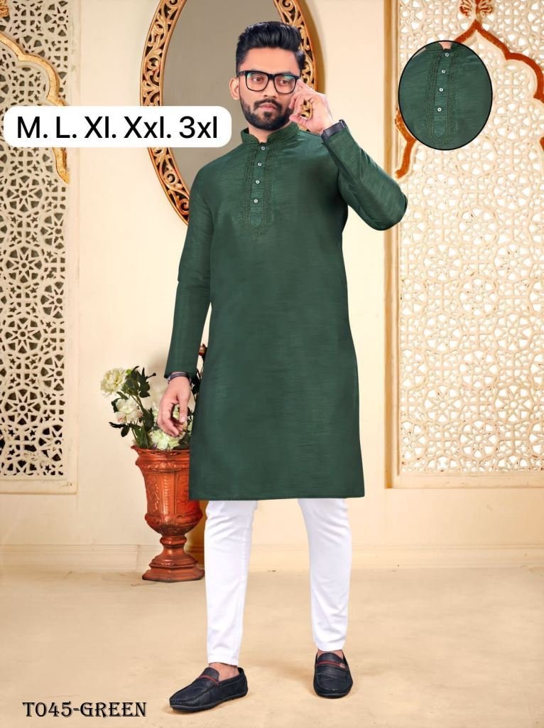 men embroidery work malbari gr 1718108368 Malbari Green Embroidery Work Kurta With Pajama Set