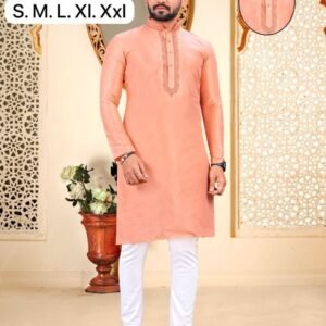 Men Embroidery Work Mulbari Peach Kurta With Pyjama Set