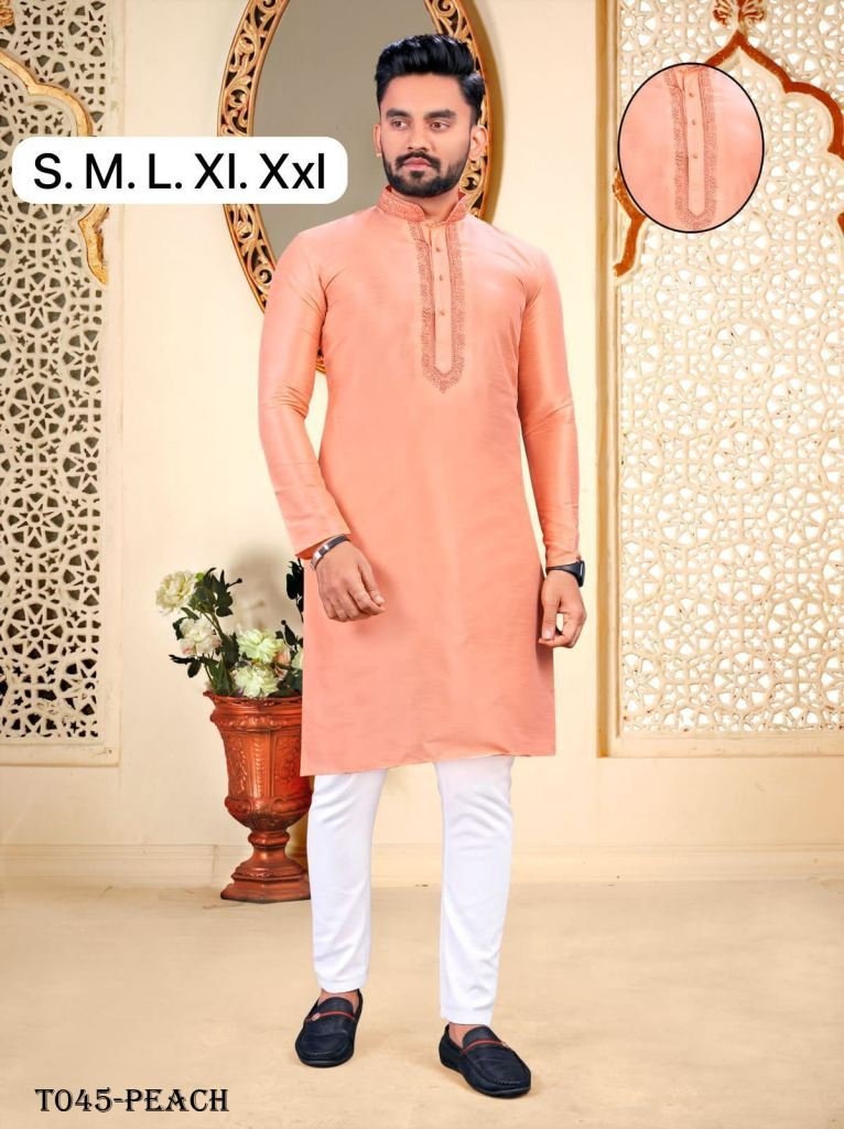 men embroidery work malbari pe 1718108669 Men Embroidery Work Mulbari Peach Kurta With Pyjama Set