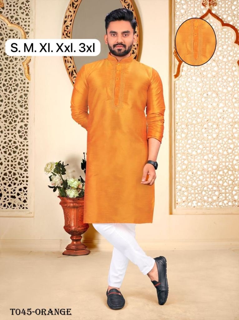 men embroidery work orange pea 1718109079 Orange Embroidery Work Kurta With Pyjama Set