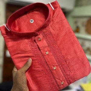 Latest Embroidery Work Red Kurta With Pyjama Set For Men