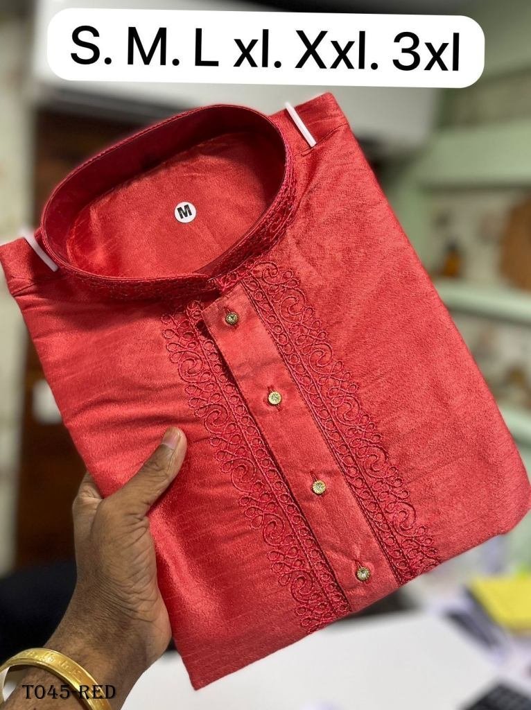 men embroidery work red peach 1718109210 Latest Embroidery Work Red Kurta With Pyjama Set For Men