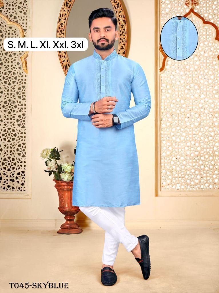 men embroidery work sky blue p 1718108957 New Collection Embroidery Work Sky Blue Kurta With Pyjama Set