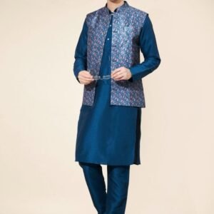 Men Function Wear Rama Plain Pure Silk Kurta With Jacquard Koti Set