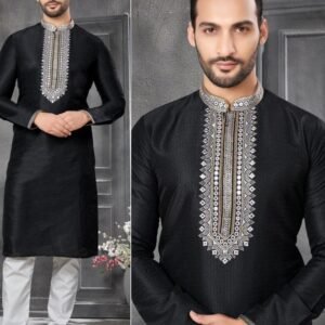 Men Geometric Black Cotton Kurta Pajama Set For Mens Wear