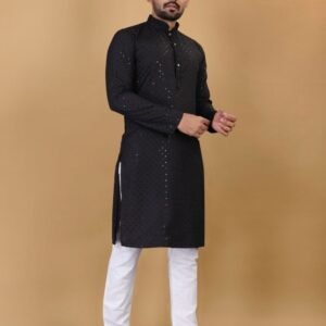 Men Manyawar Cotton Rayon Black Kurta