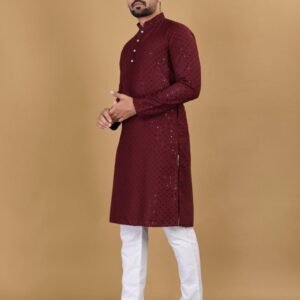 Manyawar Mens Cotton Rayon Maroon Kurta With Pajama Set