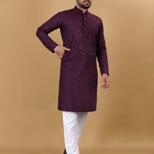 Men Manyawar Cotton Rayon Wine Kurta With Pajama Set