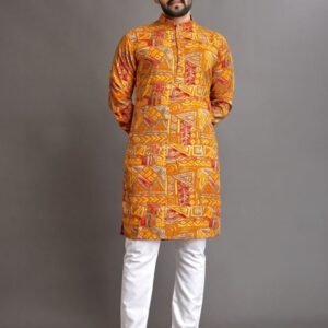 Men Mustard Colour Navratri Cotton Kurta With Pajama