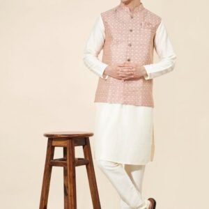 Men Plain Pure Silk Kurta With Jacquard Koti Set