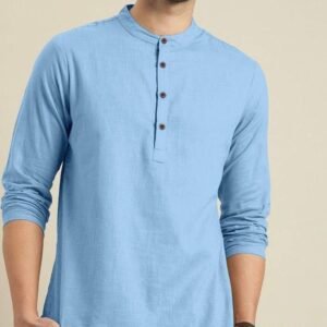 Men Round Neck Sky Khadi Linen Shirts With Full Sleeve