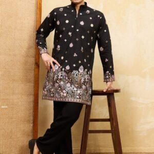 Men Black Viscose Silk Kurta With Sequence Embroidery