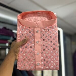 Mens Peach Kurta With Heavy Embroidery Work